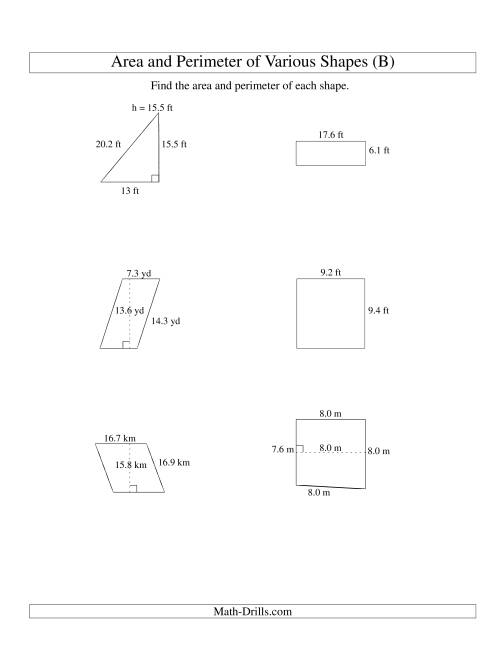 The Area and Perimeter of Various Shapes (up to 1 decimal place; range 5-20) (B) Math Worksheet