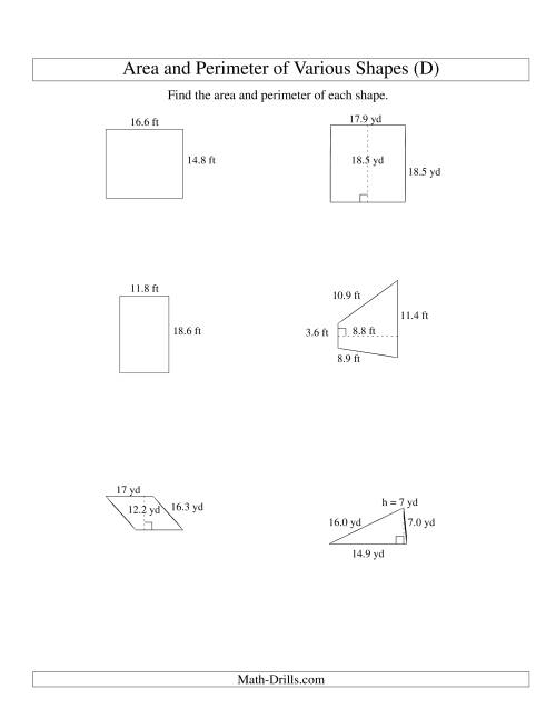 The Area and Perimeter of Various Shapes (up to 1 decimal place; range 5-20) (D) Math Worksheet