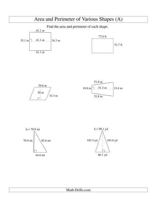 The Area and Perimeter of Various Shapes (up to 1 decimal place; range 10-99) (A) Math Worksheet