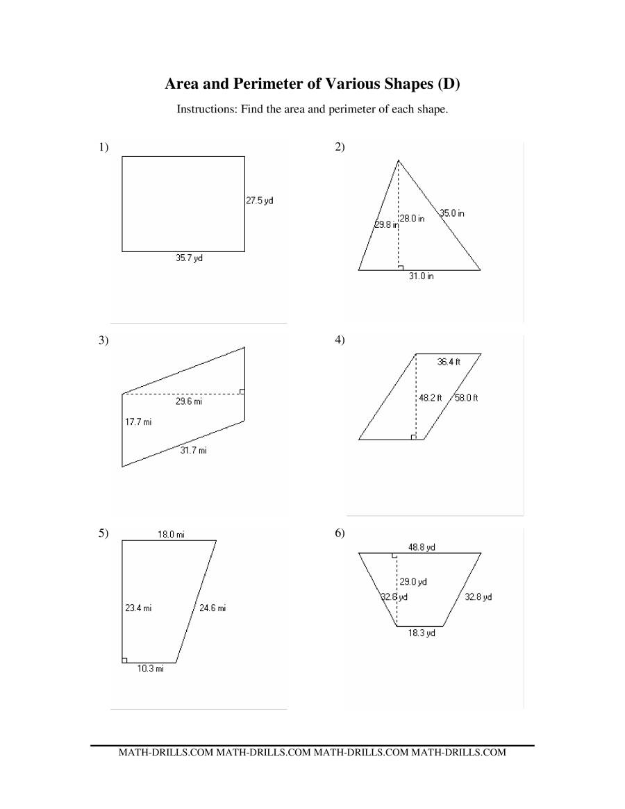 Area and Perimeter of Various Shapes (DD) Measurement Worksheet