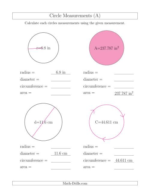 The Calculate All Circle Measurements (A) Math Worksheet