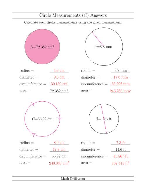 The Calculate All Circle Measurements (C) Math Worksheet Page 2