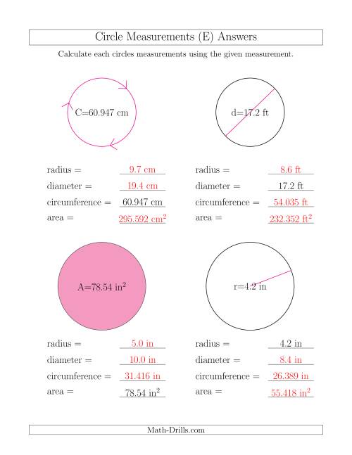 The Calculate All Circle Measurements (E) Math Worksheet Page 2