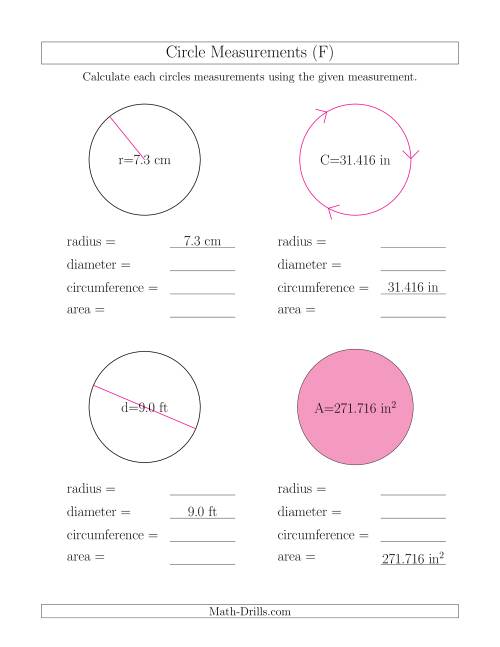 The Calculate All Circle Measurements (F) Math Worksheet
