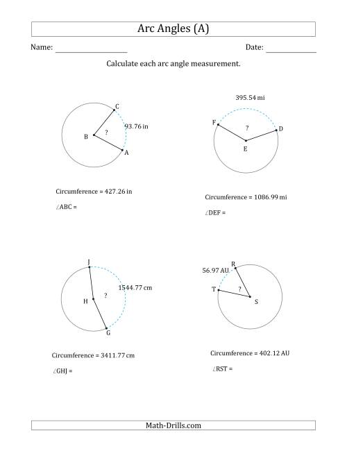The Calculating Circle Arc Angle Measurements from Circumference (A) Math Worksheet