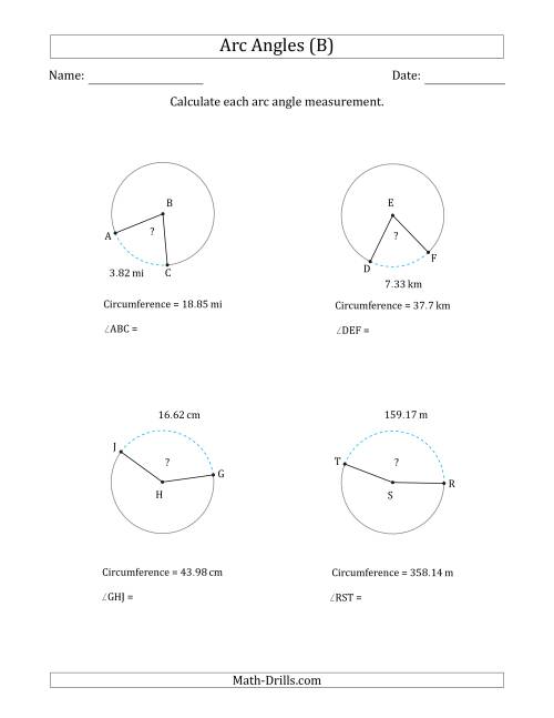 The Calculating Circle Arc Angle Measurements from Circumference (B) Math Worksheet