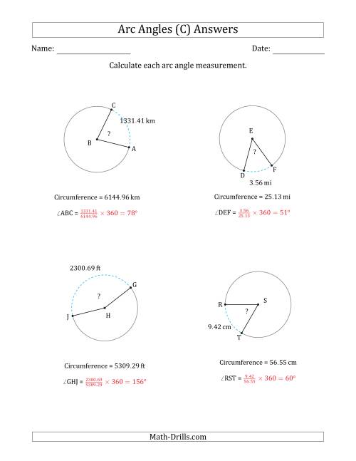 The Calculating Circle Arc Angle Measurements from Circumference (C) Math Worksheet Page 2