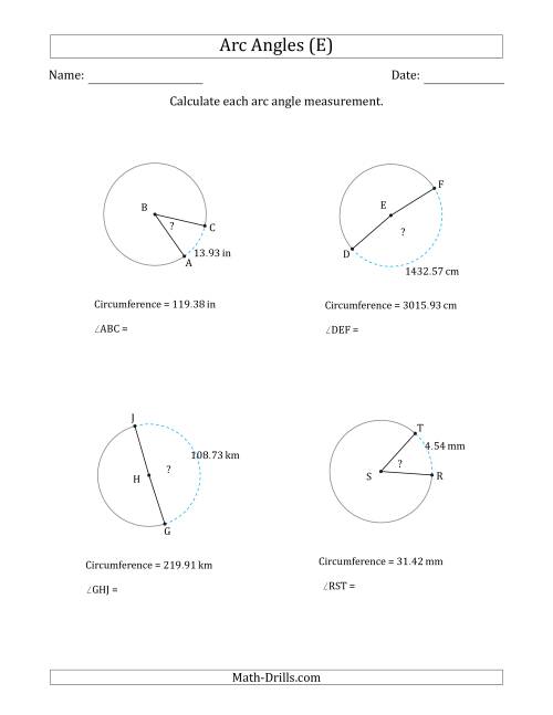 The Calculating Circle Arc Angle Measurements from Circumference (E) Math Worksheet