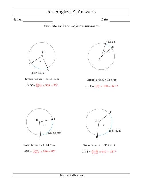The Calculating Circle Arc Angle Measurements from Circumference (F) Math Worksheet Page 2