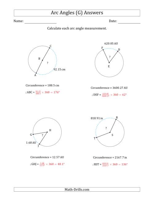 The Calculating Circle Arc Angle Measurements from Circumference (G) Math Worksheet Page 2