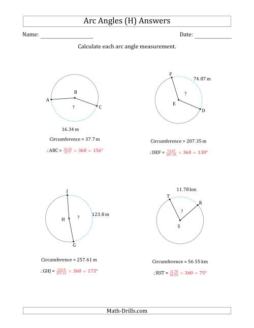 The Calculating Circle Arc Angle Measurements from Circumference (H) Math Worksheet Page 2