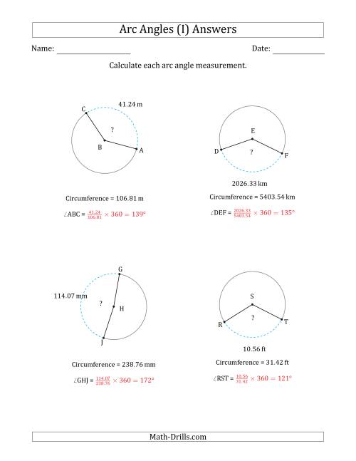 The Calculating Circle Arc Angle Measurements from Circumference (I) Math Worksheet Page 2
