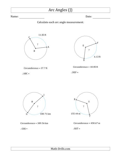The Calculating Circle Arc Angle Measurements from Circumference (J) Math Worksheet