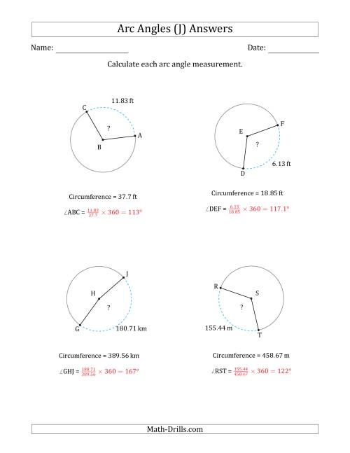 The Calculating Circle Arc Angle Measurements from Circumference (J) Math Worksheet Page 2