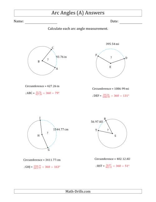 The Calculating Circle Arc Angle Measurements from Circumference (All) Math Worksheet Page 2