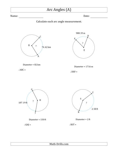 The Calculating Circle Arc Angle Measurements from Diameter (A) Math Worksheet