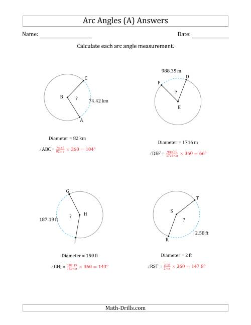 The Calculating Circle Arc Angle Measurements from Diameter (A) Math Worksheet Page 2
