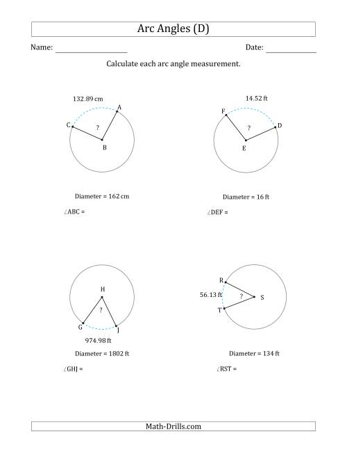 The Calculating Circle Arc Angle Measurements from Diameter (D) Math Worksheet