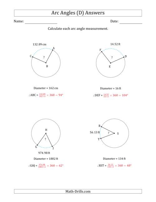 The Calculating Circle Arc Angle Measurements from Diameter (D) Math Worksheet Page 2