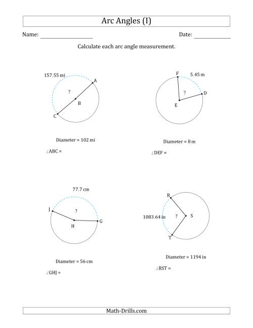 The Calculating Circle Arc Angle Measurements from Diameter (I) Math Worksheet