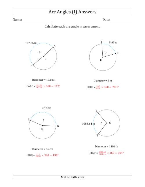 The Calculating Circle Arc Angle Measurements from Diameter (I) Math Worksheet Page 2