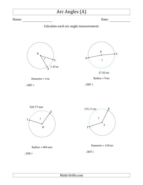 The Calculating Circle Arc Angle Measurements from Radius or Diameter (A) Math Worksheet