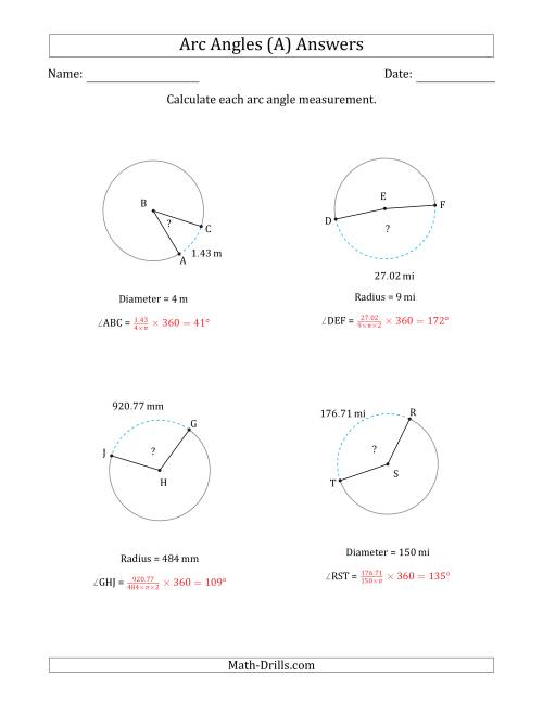 The Calculating Circle Arc Angle Measurements from Radius or Diameter (A) Math Worksheet Page 2
