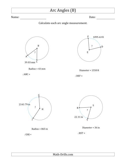 The Calculating Circle Arc Angle Measurements from Radius or Diameter (B) Math Worksheet