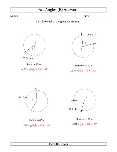 The Calculating Circle Arc Angle Measurements from Radius or Diameter (B) Math Worksheet Page 2
