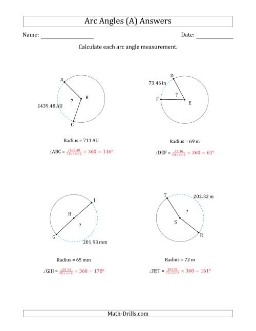 The Calculating Circle Arc Angle Measurements from Radius (A) Math Worksheet Page 2