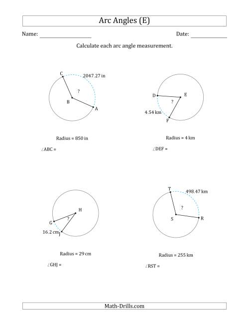The Calculating Circle Arc Angle Measurements from Radius (E) Math Worksheet