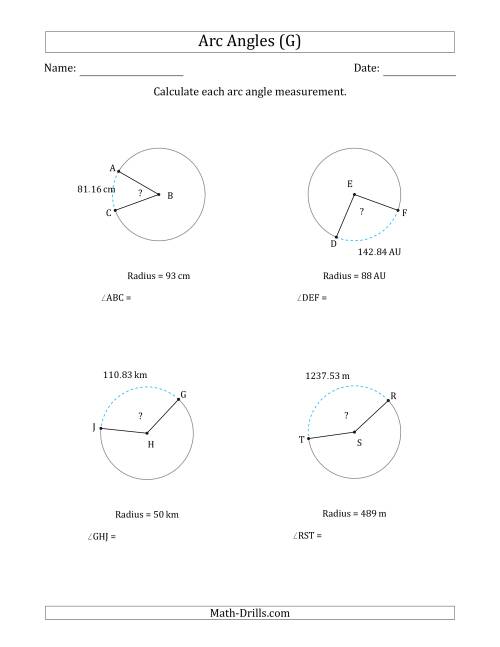 The Calculating Circle Arc Angle Measurements from Radius (G) Math Worksheet