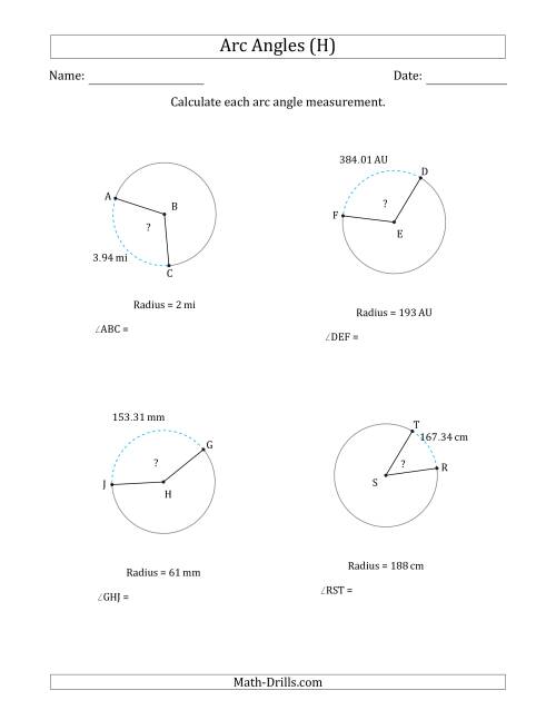 The Calculating Circle Arc Angle Measurements from Radius (H) Math Worksheet