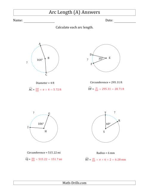 The Calculating Circle Arc Length from Circumference, Radius or Diameter (A) Math Worksheet Page 2