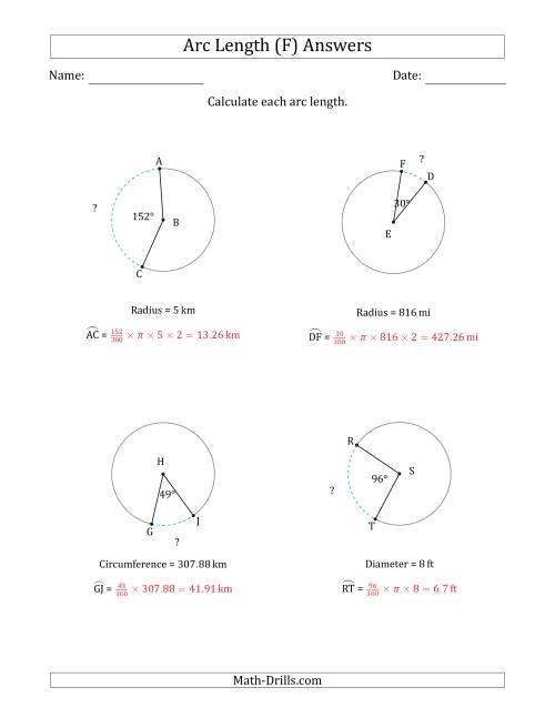 The Calculating Circle Arc Length from Circumference, Radius or Diameter (F) Math Worksheet Page 2