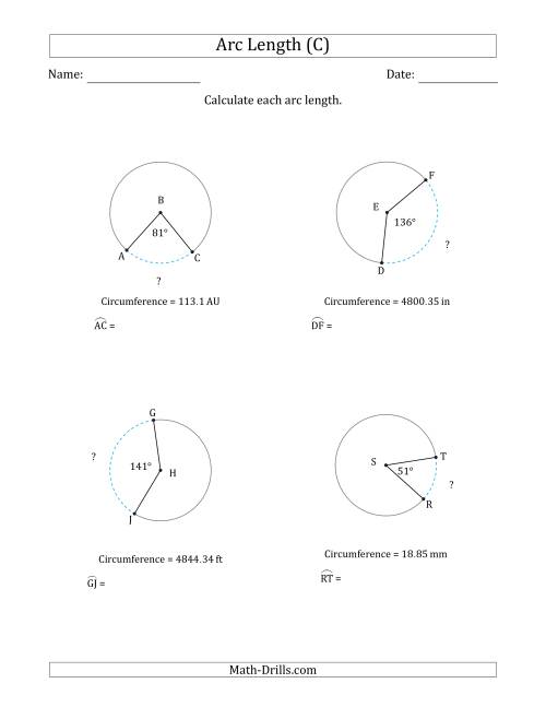 The Calculating Circle Arc Length from Circumference (C) Math Worksheet