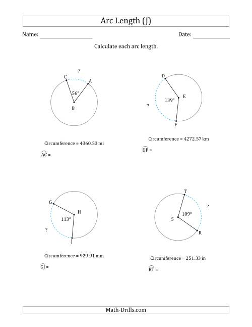 The Calculating Circle Arc Length from Circumference (J) Math Worksheet