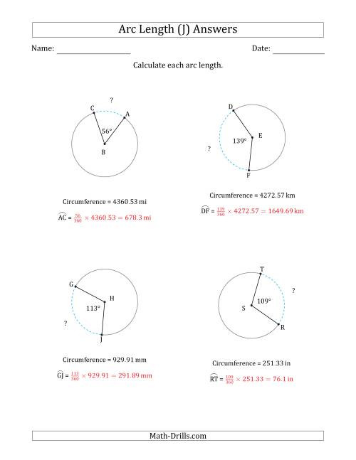 The Calculating Circle Arc Length from Circumference (J) Math Worksheet Page 2