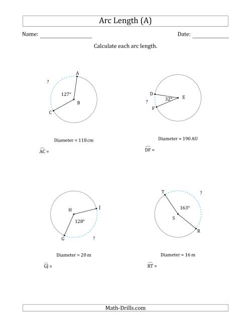 The Calculating Circle Arc Length from Diameter (A) Math Worksheet