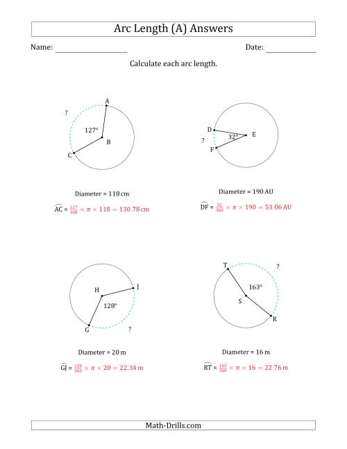 The Calculating Circle Arc Length from Diameter (A) Math Worksheet Page 2