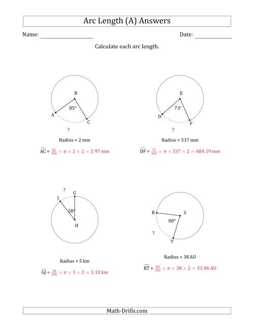 The Calculating Circle Arc Length from Radius (A) Math Worksheet Page 2