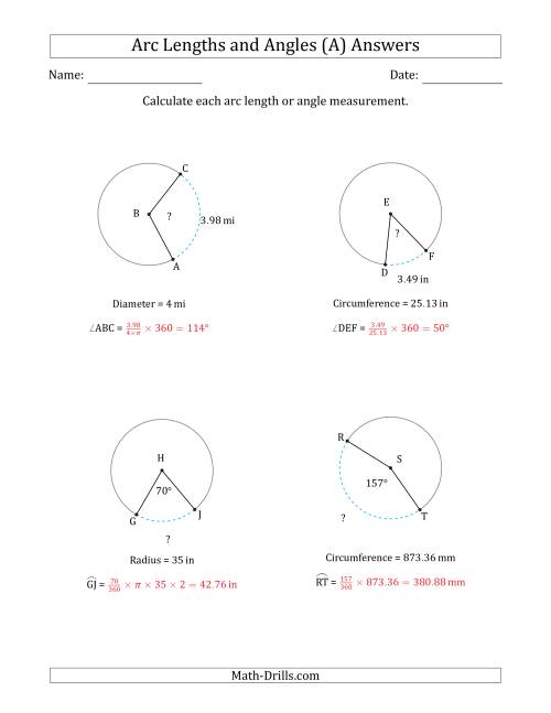 The Calculating Arc Length or Angle from Circumference, Radius or Diameter (A) Math Worksheet Page 2
