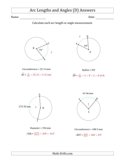 The Calculating Arc Length or Angle from Circumference, Radius or Diameter (D) Math Worksheet Page 2