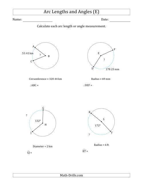 The Calculating Arc Length or Angle from Circumference, Radius or Diameter (E) Math Worksheet