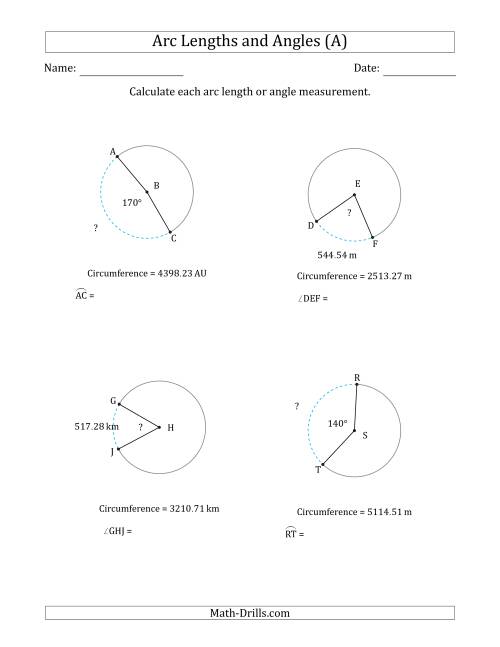 The Calculating Arc Length or Angle from Circumference (A) Math Worksheet
