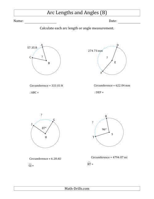 The Calculating Arc Length or Angle from Circumference (B) Math Worksheet