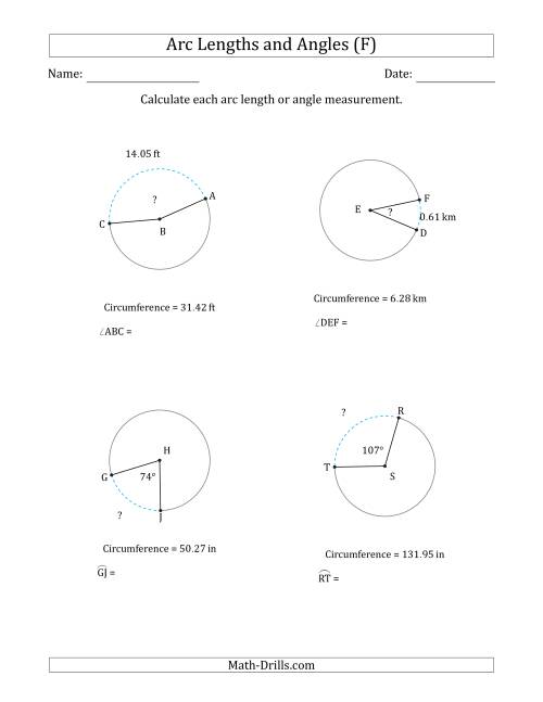 The Calculating Arc Length or Angle from Circumference (F) Math Worksheet