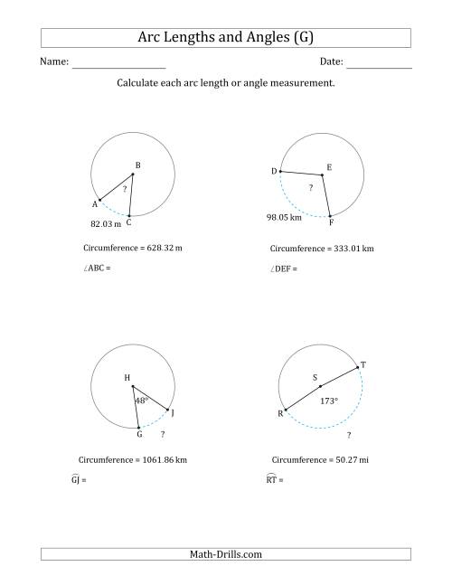 The Calculating Arc Length or Angle from Circumference (G) Math Worksheet