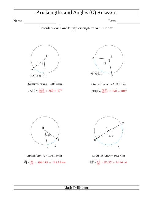 The Calculating Arc Length or Angle from Circumference (G) Math Worksheet Page 2