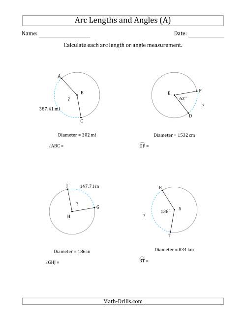 The Calculating Arc Length or Angle from Diameter (A) Math Worksheet